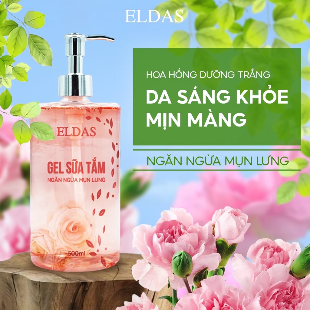 Gel sữa tắm mụn lưng ELDAS, giảm viêm nang lông với tinh chất TRÀM TRÀ KHỔ QUA HOA HỒNG kháng khuẩn sáng da 500ml/chai