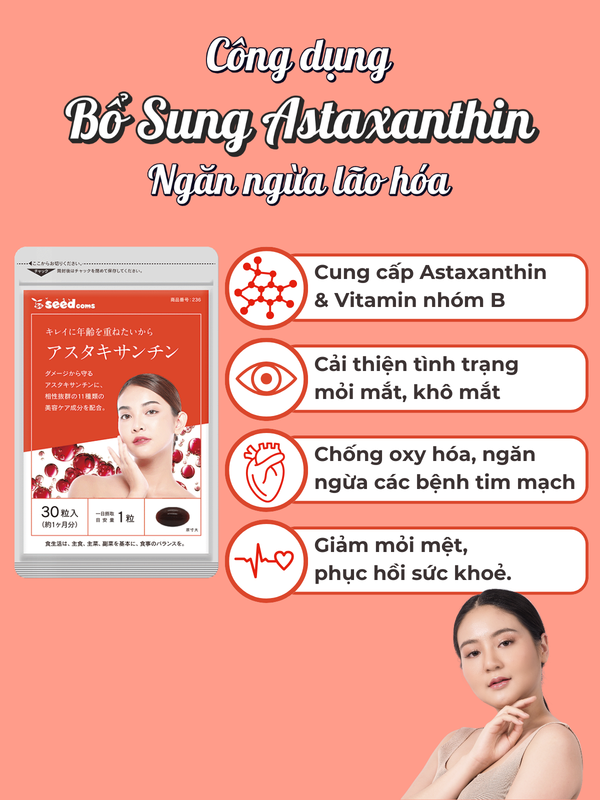 Viên Uống Bổ Sung Astaxanthin Giúp Ngăn Ngừa Lão Hoá Seedcoms Nhật Bản