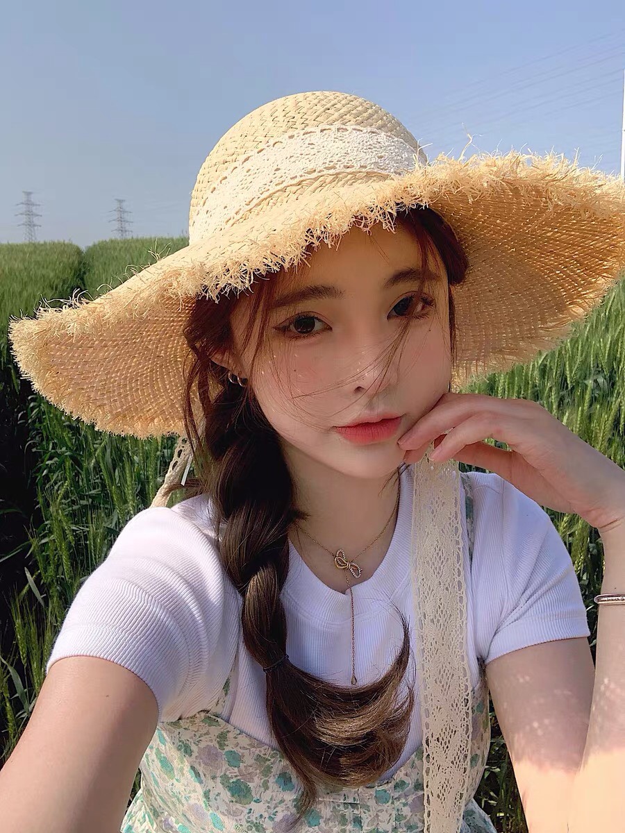 Nón cói rơm dây nơ ren vành xước vintage