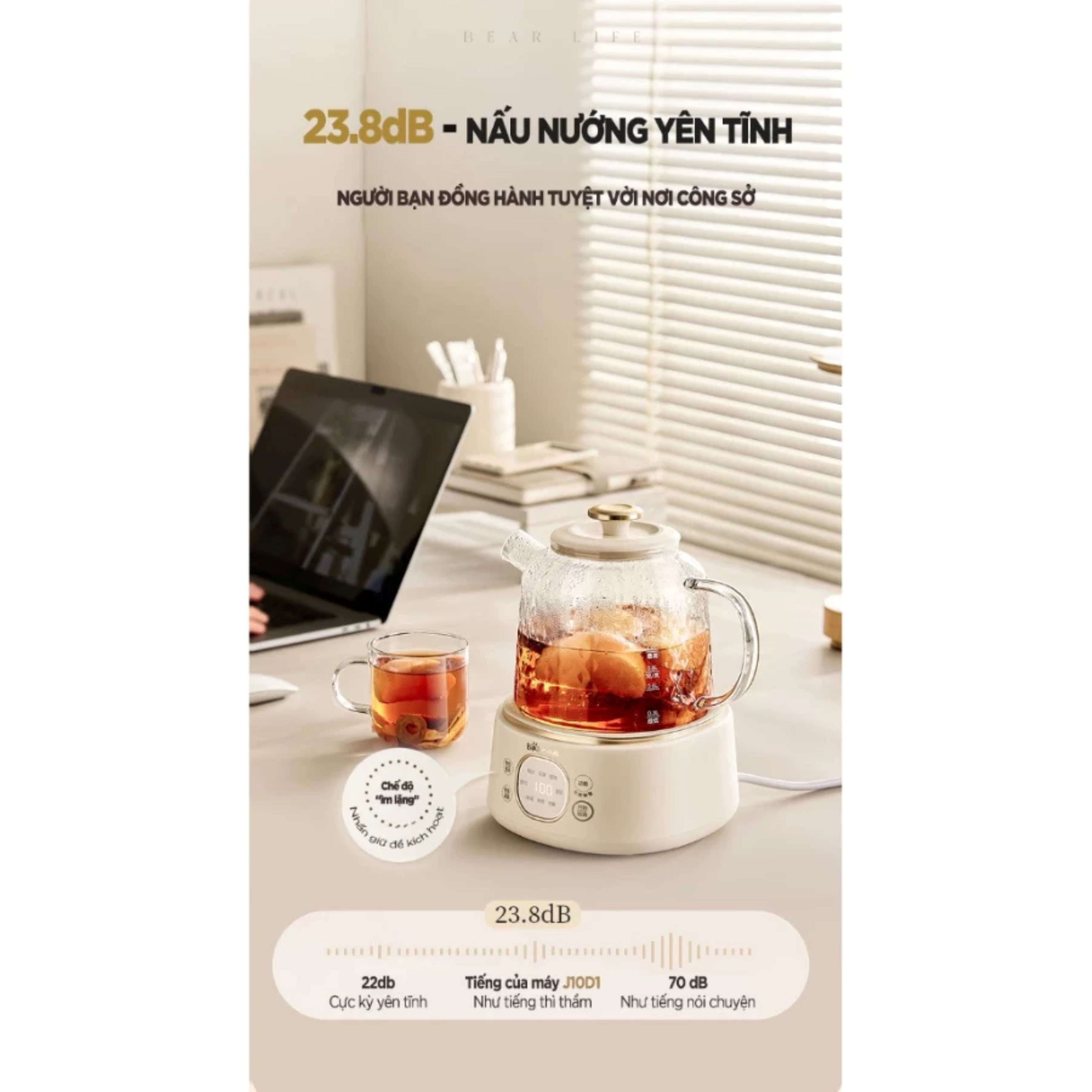 Ấm Đun Thủy Tinh 1L BEAR HLP-105W (YSH-J10D1) - 800W, Pha Trà, An Toàn Tiện Lợi - Hàng Chính Hãng