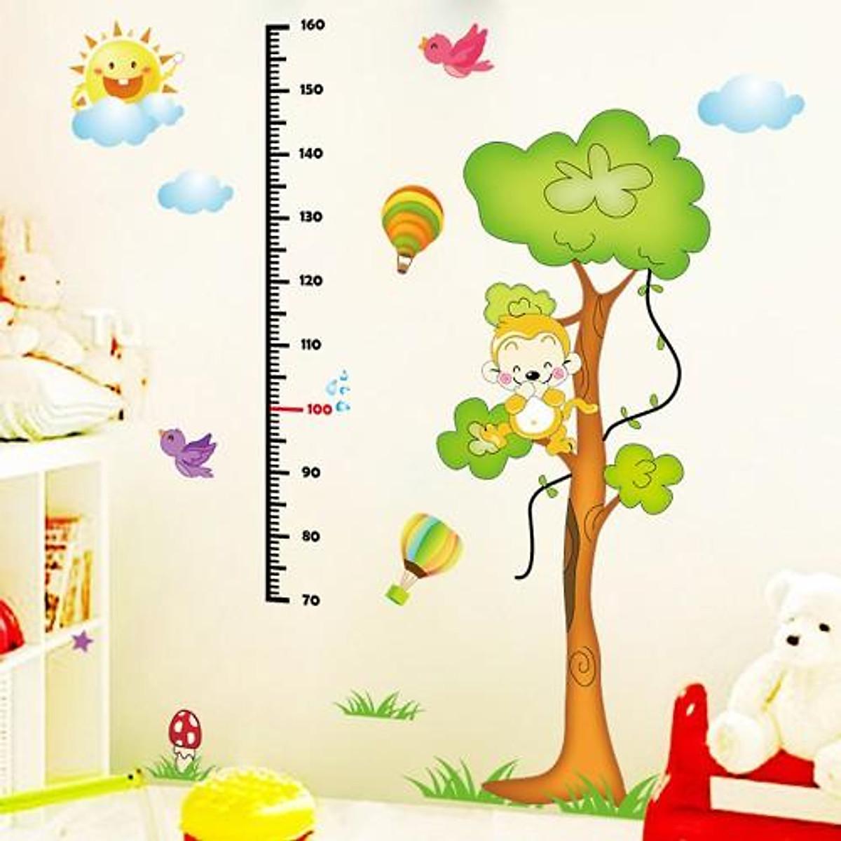 DECAL DÁN TƯỜNG THƯỚC ĐO KHỈ CÂY XANH - HP377
