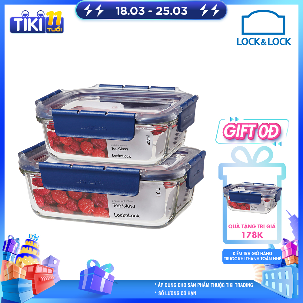 Combo 2 Hộp Bảo Quản Thủy Tinh LocknLock Top Class 630ml, 1L (LBG428BLU_LBG445BLU) - Màu Xanh Dương