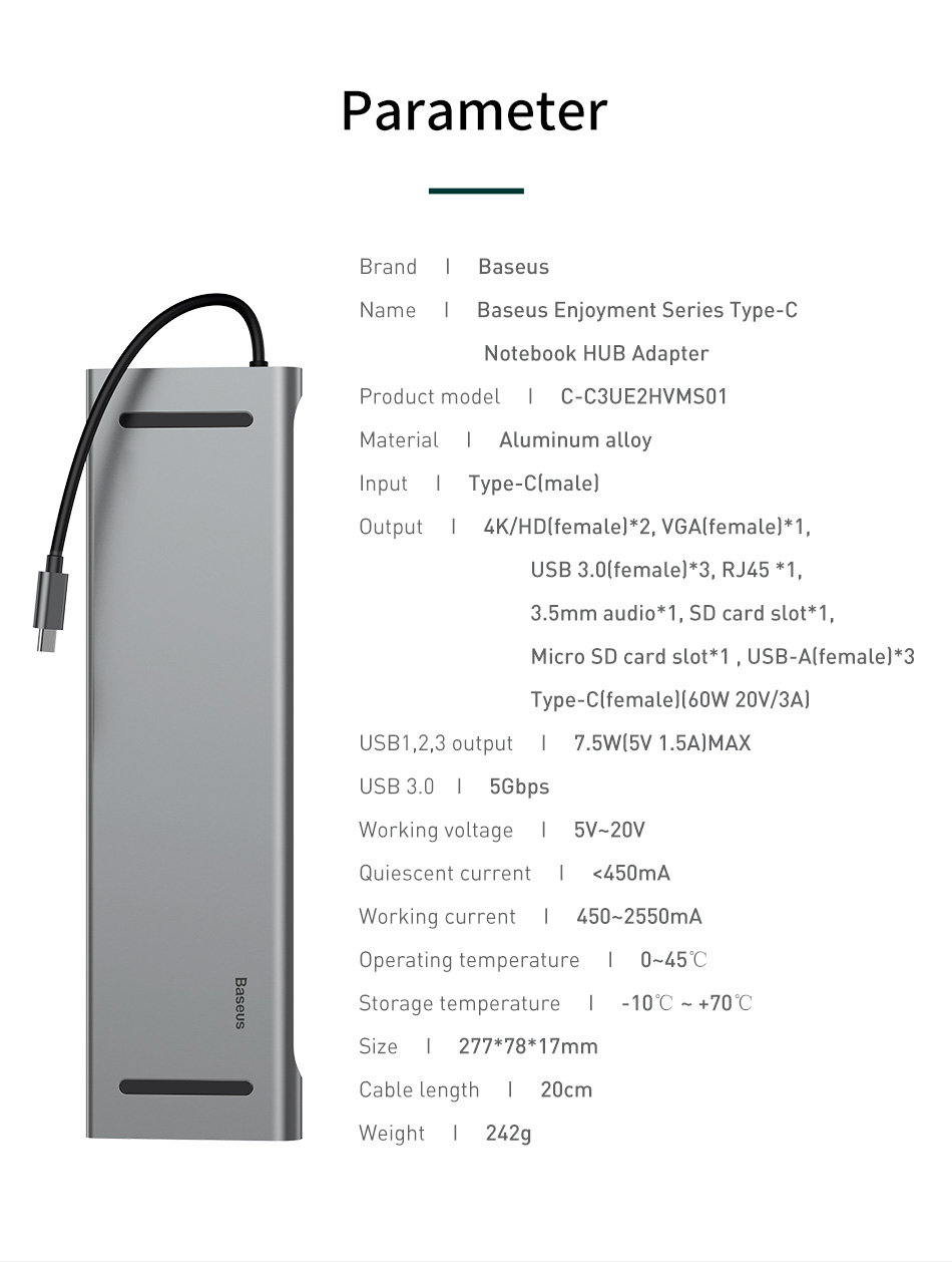 Cổng chuyển đa năng Baseus 11in1 USB Type-C HUB USB3.0/ Dual HDMI/TF/SD/RJ45/VGA/PD MacBook, Laptop, Tablet - Hàng nhập khẩu