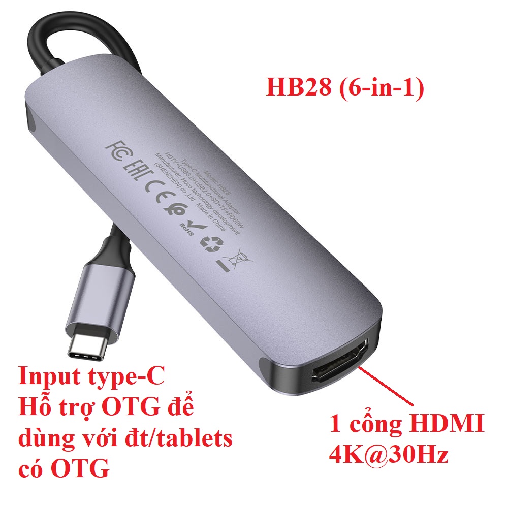 Hub C bộ chia cổng type C đa năng 6 in 1 cho laptop máy tính bảng điện thoại hoco HB28 _ hàng chính hãng