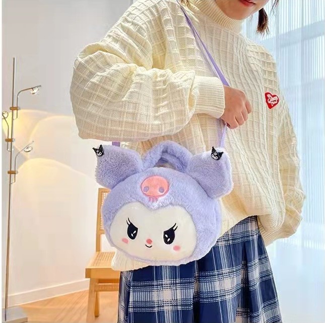 Túi Gấu Bông Gòn Đeo Chéo, Túi Cầm Tay Đeo Chéo Gấu Kuromi Tím Pastel Dễ Thương
