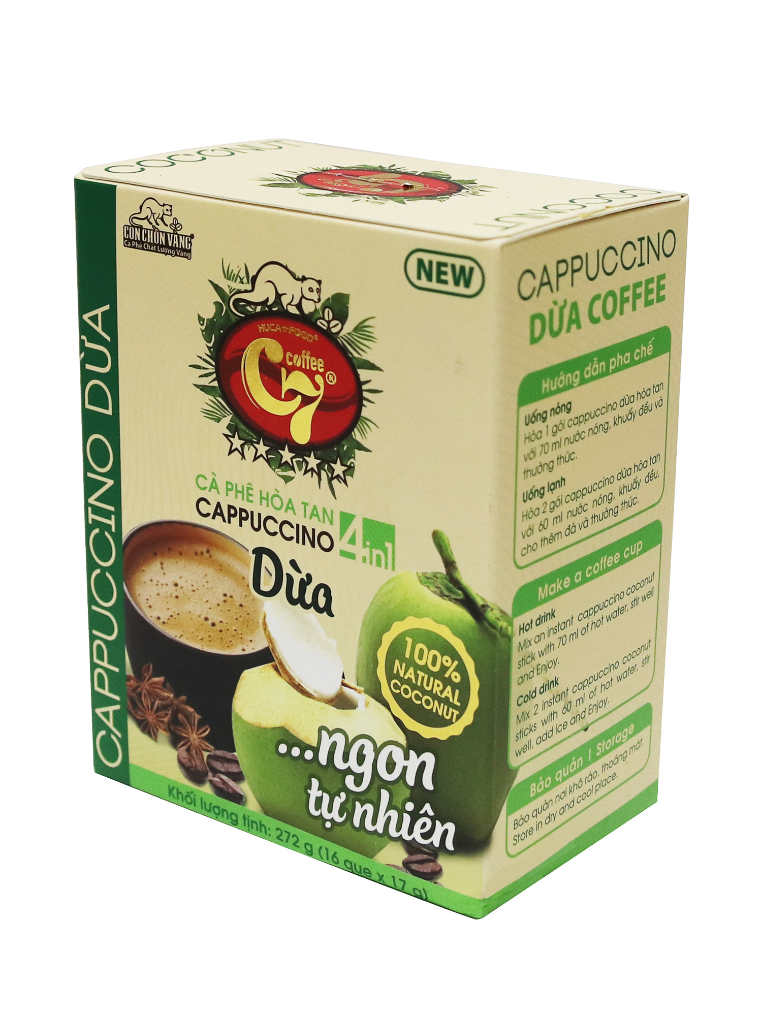 Cà Phê Dừa Hòa Tan 4in1 Cappuccino Con Chồn Vàng - Hộp 16 Gói