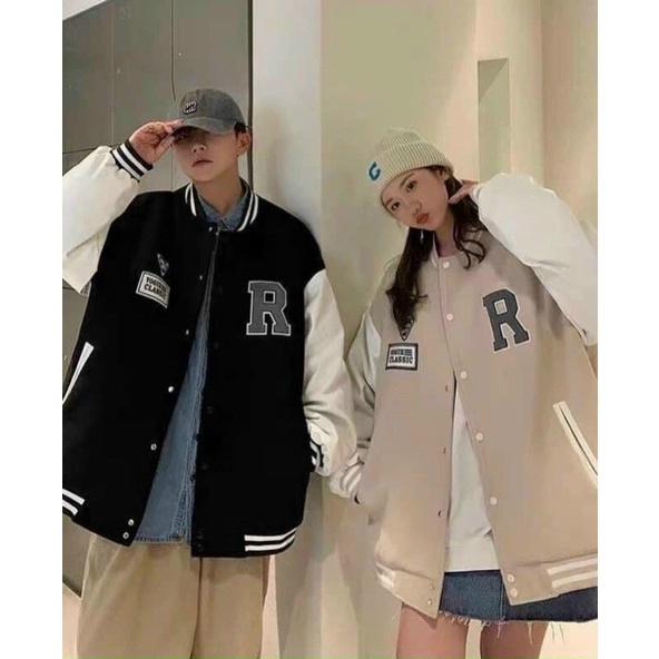 Áo khoác bomber thời trang đôi Các cặp đôi phong cách Hàn Quốc thêu chữ R(Chất da lộn cao cấp) 