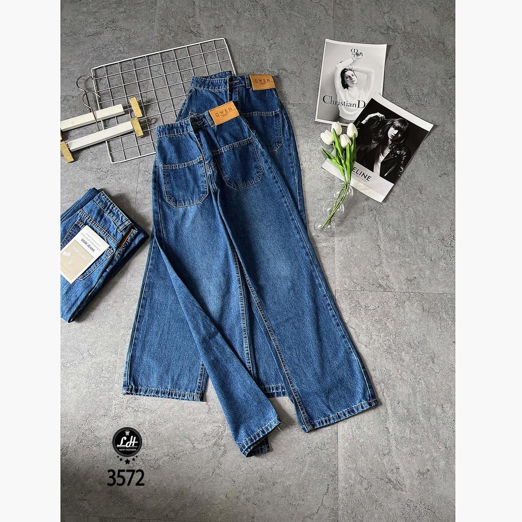 Quần jean nữ ống rộng, quần bò màu xanh túi đấp vuông lưng có tag dễ thương cho nàng Lê Huy Fashion MS 3572