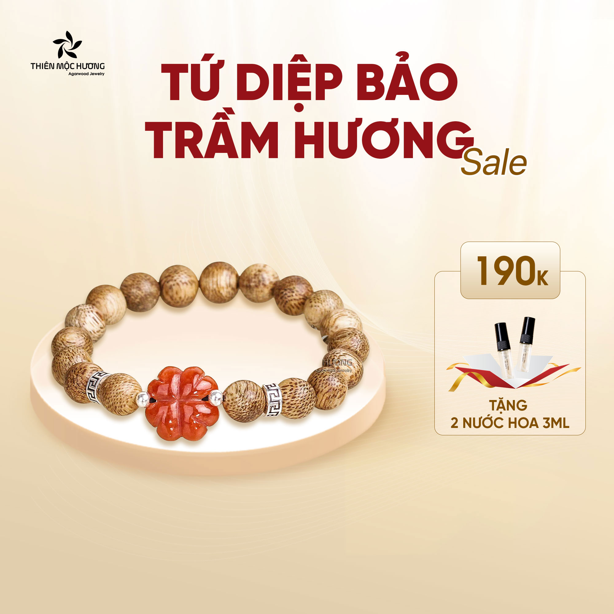 Vòng tay Trầm Hương Tứ Diệp Bảo - Charm bạc 925 và đá phong thủy - Trầm Tốc Việt Nam - Thiên Mộc Hương