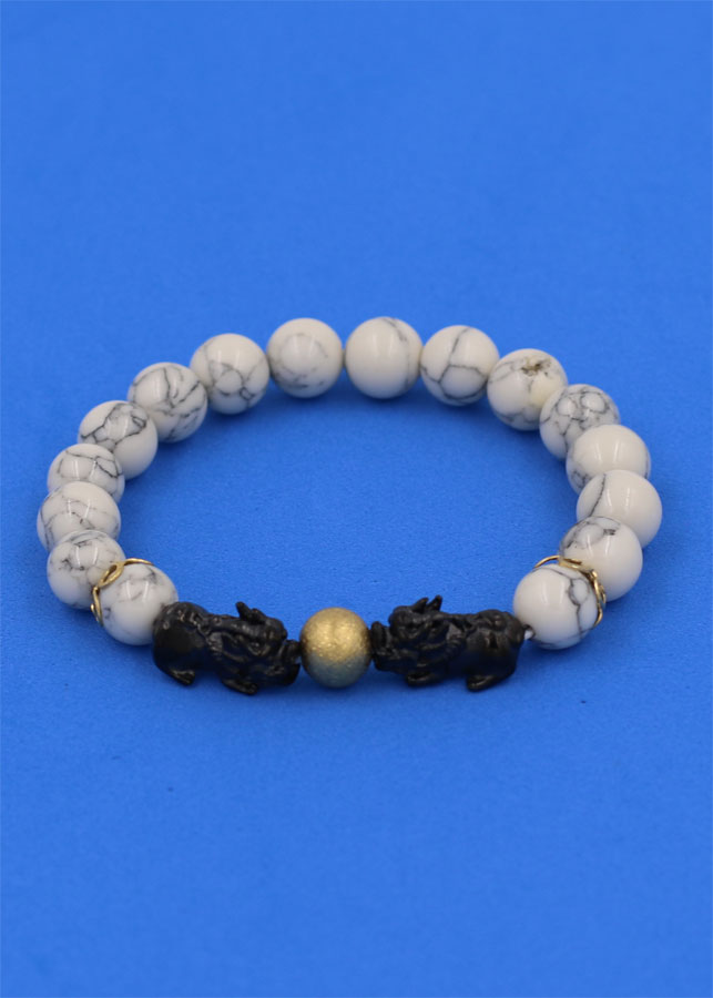 Chuỗi đeo tay San Hô Trắng sọc size 8 ly, 10 ly, 12 ly - Vòng tay Tỳ Hưu Đôi inox đen VSHSTHHEV8 - hợp mệnh Kim, mệnh Thủy
