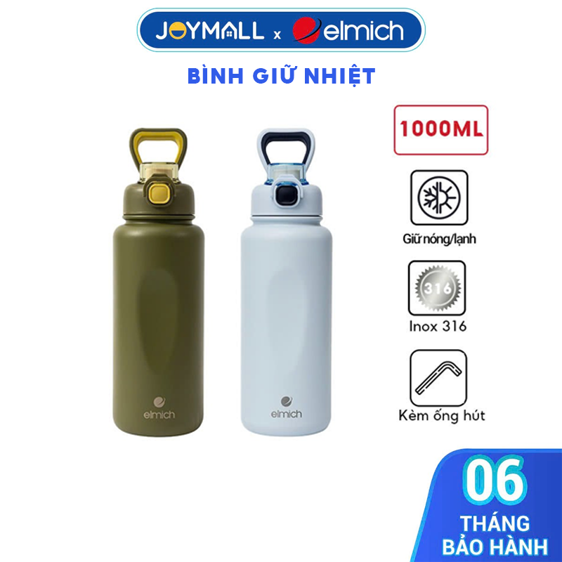 Bình Giữ Nhiệt Inox 304 Elmich EL0914 1L, Hàng Chính Hãng, Có Ống Hút, Nắp Mở Một Chạm - JoyMall