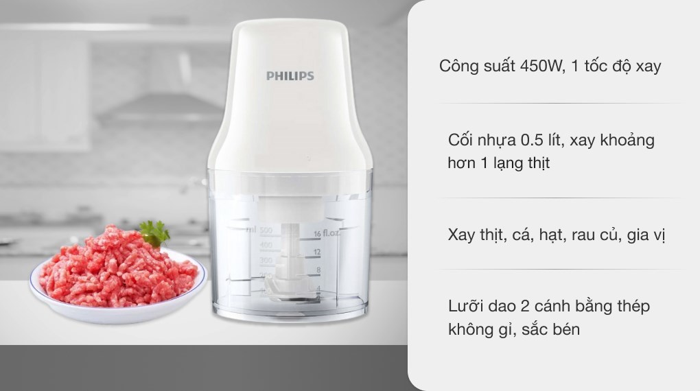 Máy xay thịt mini cầm tay PHILIPS HR1393/00 dung tích 0.7L công suất 450W - Xay ăn dặm, xay cháo cho bé- Hàng Chính Hãng