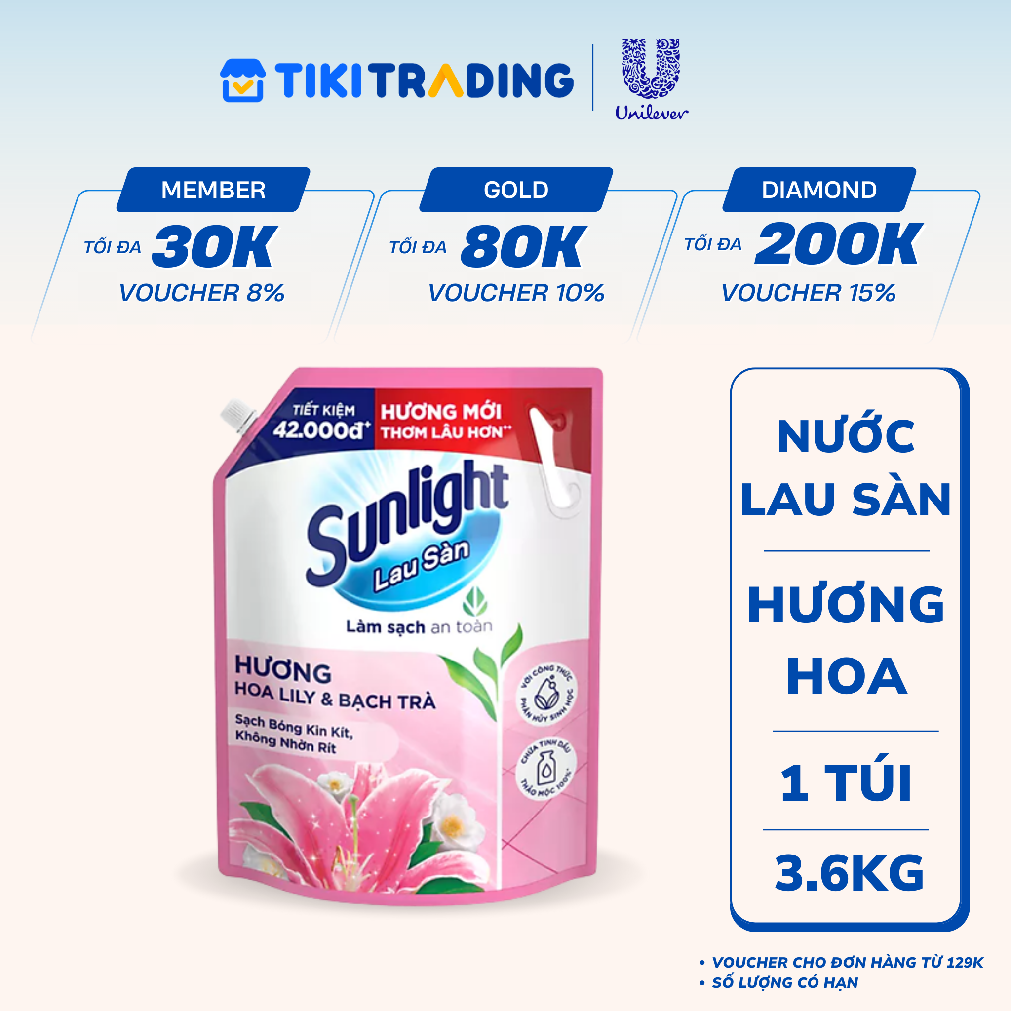 Nước Lau Sàn Sunlight Tinh Dầu Thảo Mộc Hương Lily - Bạch Trà Túi 3.6KG