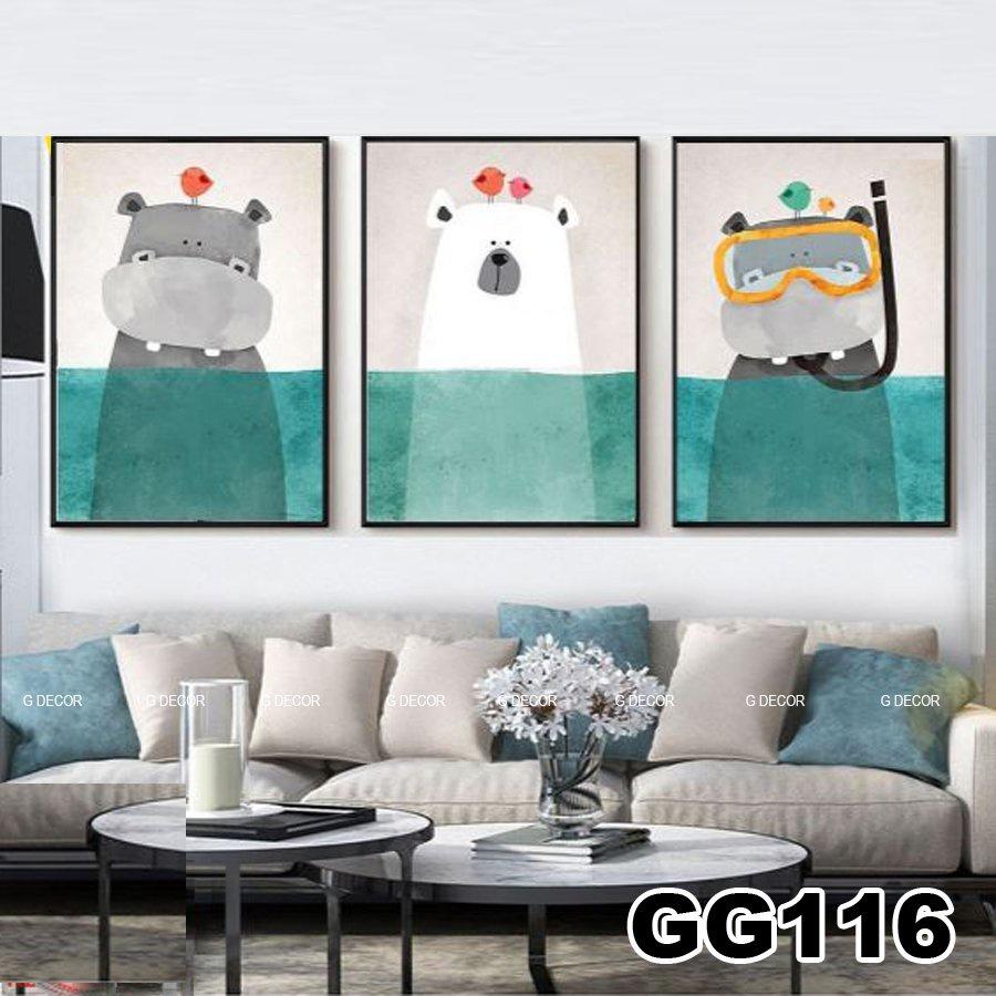 Tranh treo tường canvas khung gỗ 3 bức phong cách hiện đại Bắc Âu tranh hoạt hình trang trí phòng khách phòng ngủ spa 63