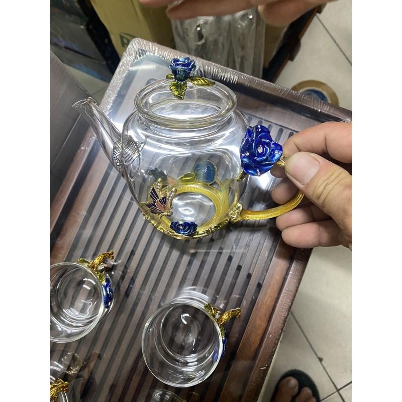 Bộ ấm trà thủy tinh mạ vàng hoa cúc cao cấp