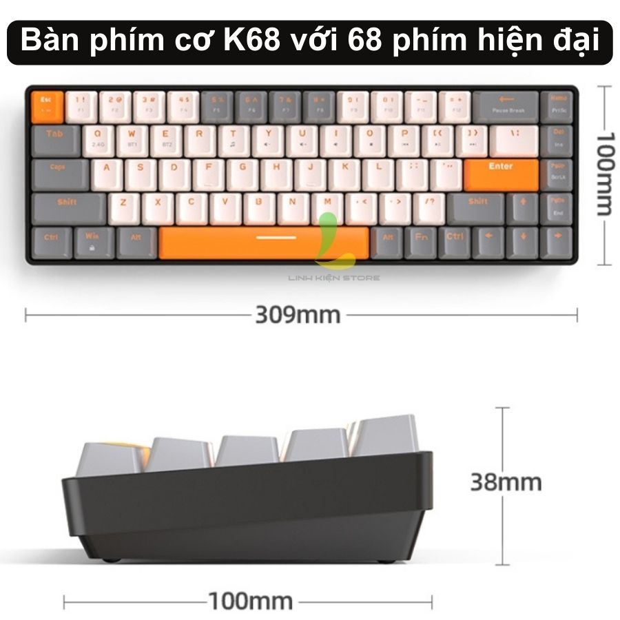 Bàn phím cơ ZIYOULANG K68 cao cấp - Phím cơ gaming 68 phím trục cơ kết nối bluetooth và USB, tuổi thọ 50 triệu lần bấm - Hàng nhập khẩu