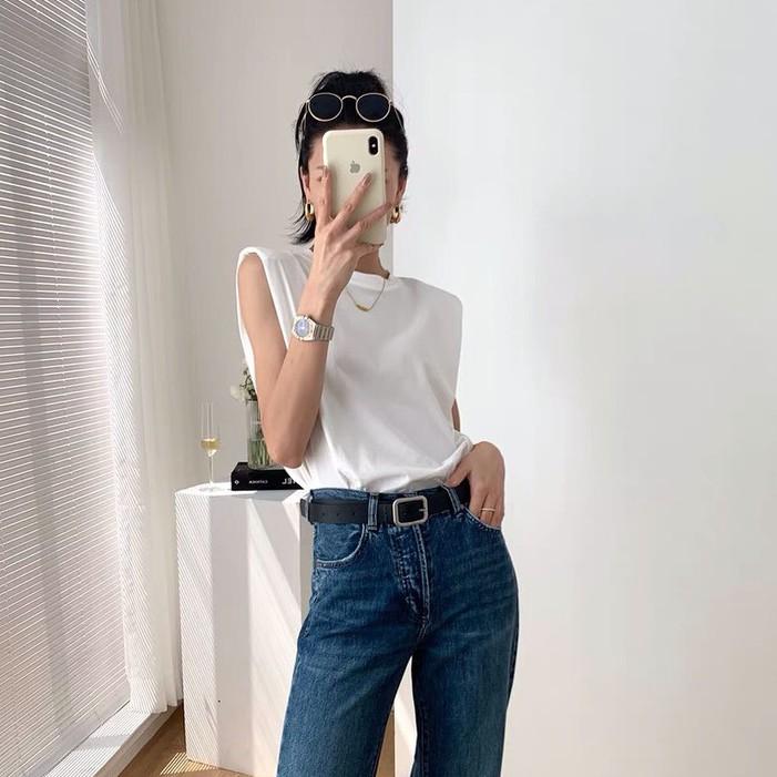 Áo Thun Độn Vai Không Tay Cho Nữ Phong Cách Hàn Quốc Form Rộng - Kiểu Dáng Sát Nách Màu Trơn Basic Freesize