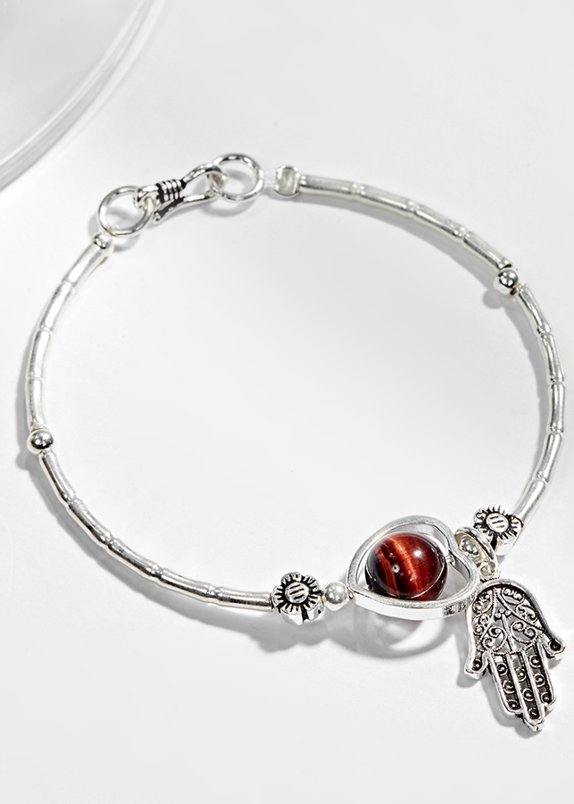 Vòng Tay Bạc 1 Hạt Đá Mắt Hổ Nâu Đỏ Phối Charm Bàn Tay Hamsa Bạc Ngọc Quý Gemstones
