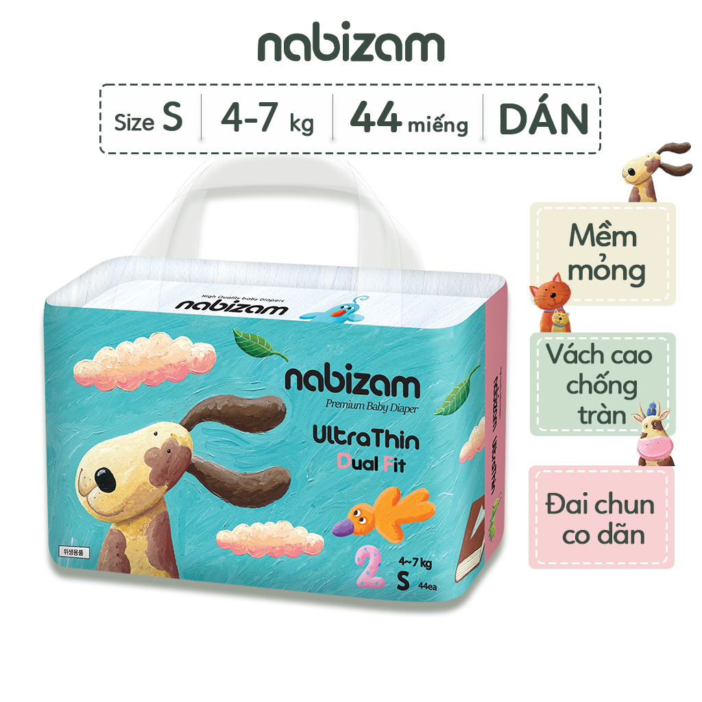 Tã/Bỉm Dán Nabizam UltraThin Nội Địa Hàn Lõi Thấm Hút 3 Lớp Size S44 Cho Bé Từ 4-7kg, 44 Miếng