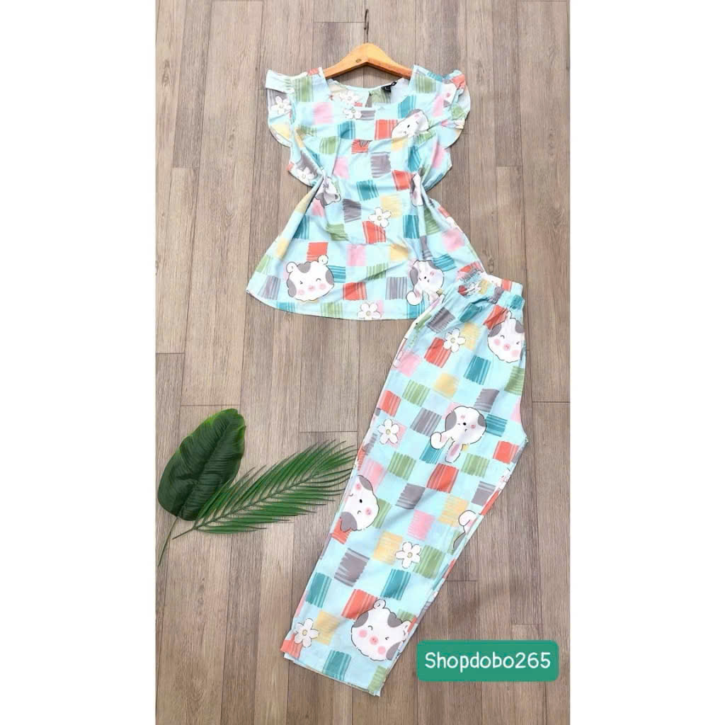 Đồ bộ nữ,đồ ngủ mặc nhà lửng 9 tấc tay cánh tiên vải lanh BL 52 họa tiết dễ thương size 51-70kg