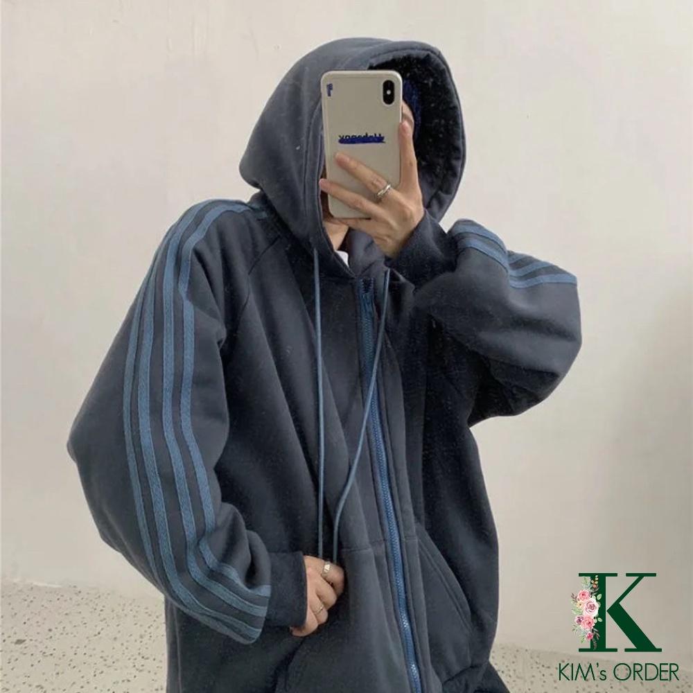 Áo khoác nỉ Hoodie nam nữ màu be hồng xanh xám dài tay có mũ kéo khoá phom rộng kiểu dáng sọc thể thao Ulzzang năng động