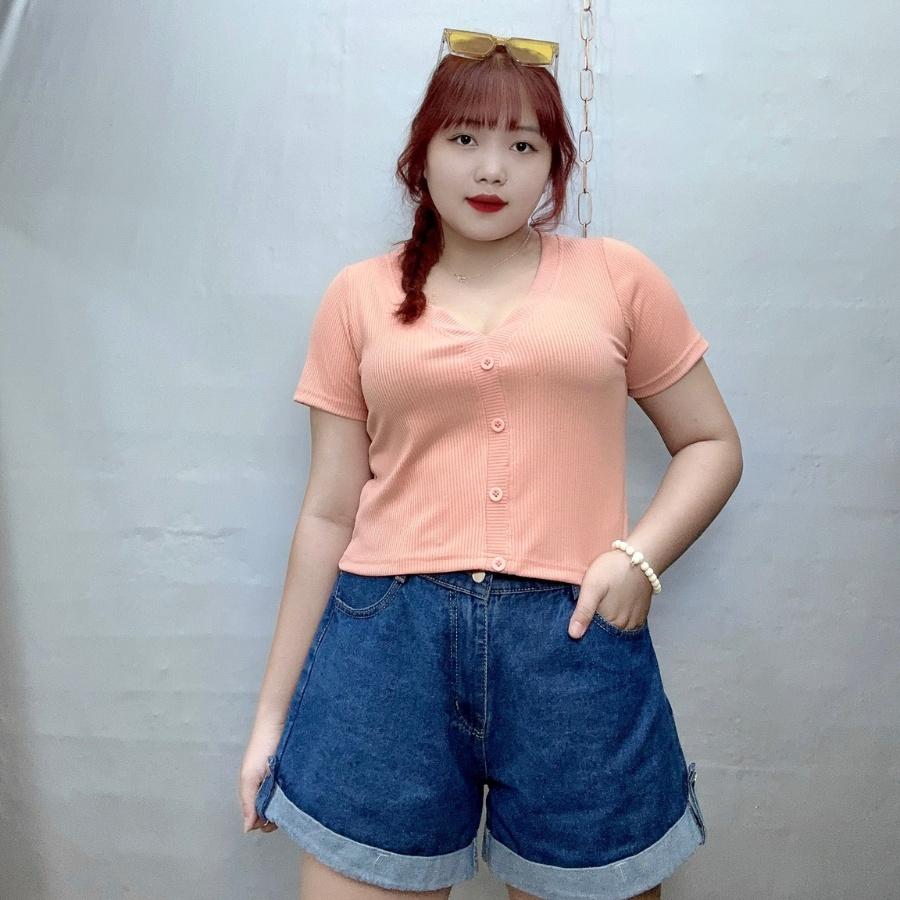 Áo thun tay ngắn cổ chũ V bigsize nút kiểu BIGSIZE CÔ NHỎ dáng croptop, Áo phông phom rộng 58-94kg G38