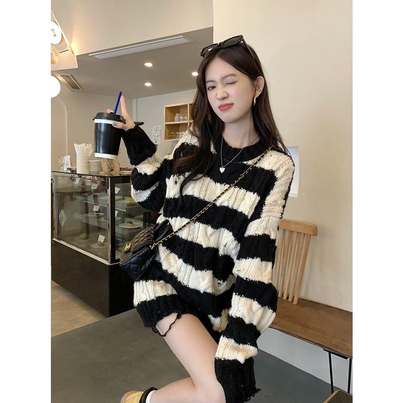 Áo Sweater Len Dệt Kim Cổ Tròn Tay Dài Dáng Rộng Họa Tiết Kẻ Sọc Ngang Phong Cách Vintage Đường Phố B-14