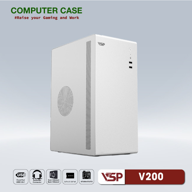 VỎ CASE MÁY TÍNH VSP V200 (mATX, Đen/ Trắng) - HN - HÀNG CHÍNH HÃNG