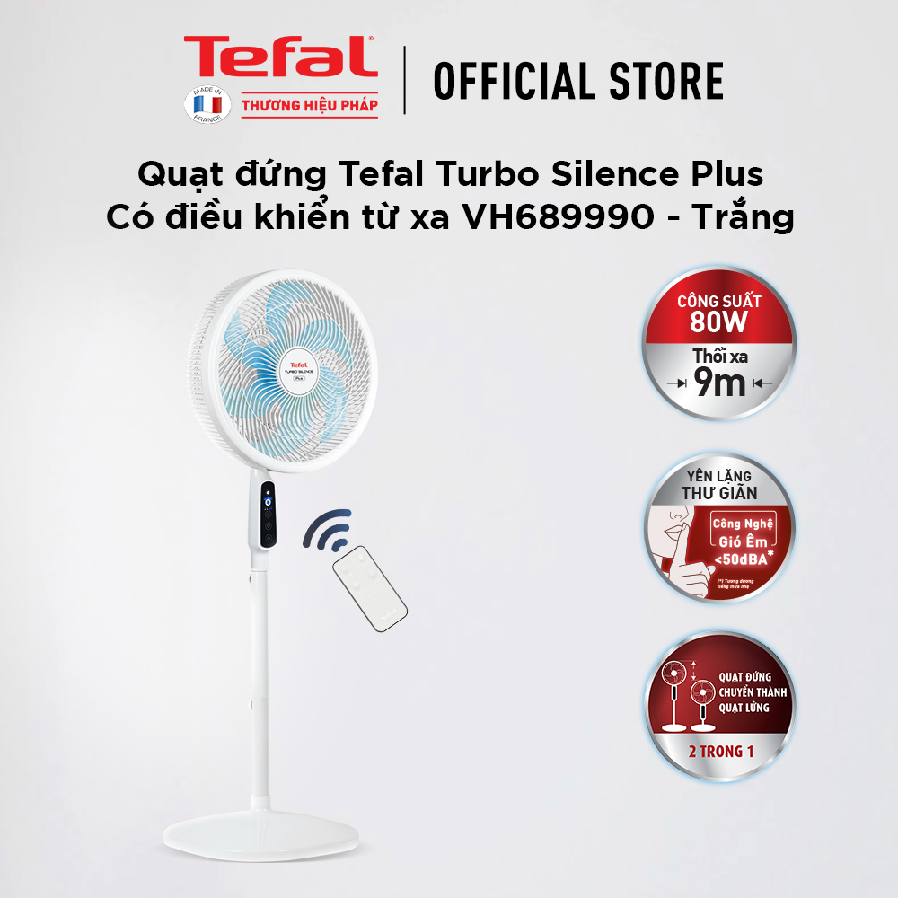 Quạt đứng có điều khiển từ xa Tefal Turbo Silence Plus VH689990 màu trắng cánh xanh - Hàng chính hãng