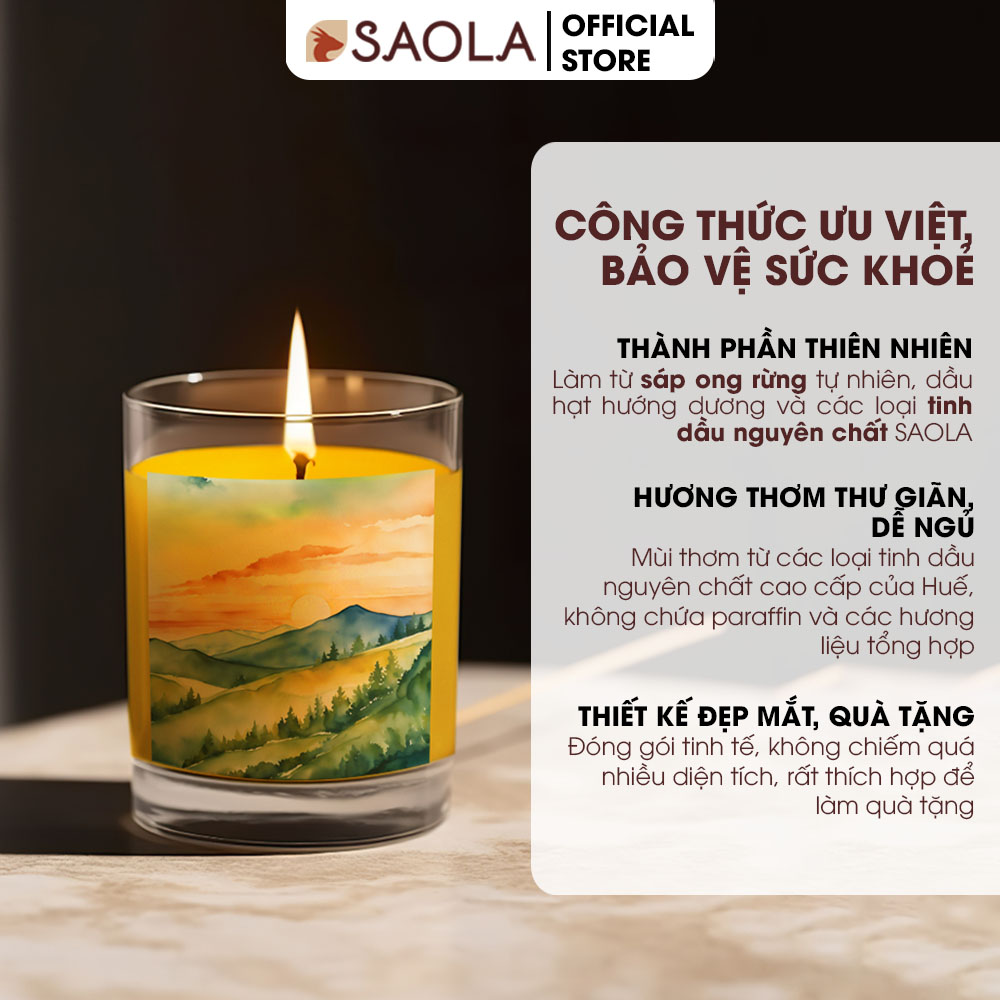 Nến Thơm Phòng SaoLa, Nến Thơm Cao Cấp, tinh dầu từ Thảo Dược Huế, 100% Sáp Ong Rừng, 45g