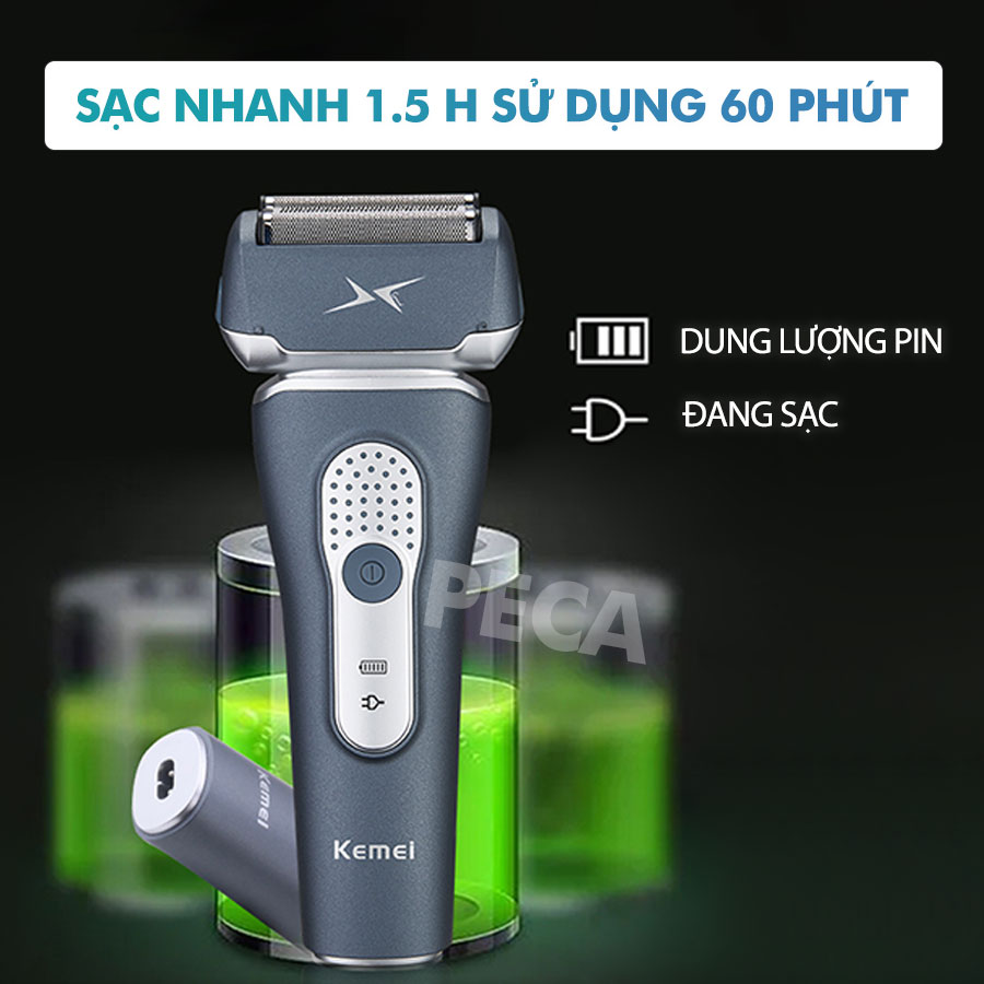 Máy cạo râu chuyên nghiệp Kemei KM-111 lưỡi kép nổi sắc bén kèm đầu tỉa phụ sạc nhanh USB chống thấm nước IPX5 