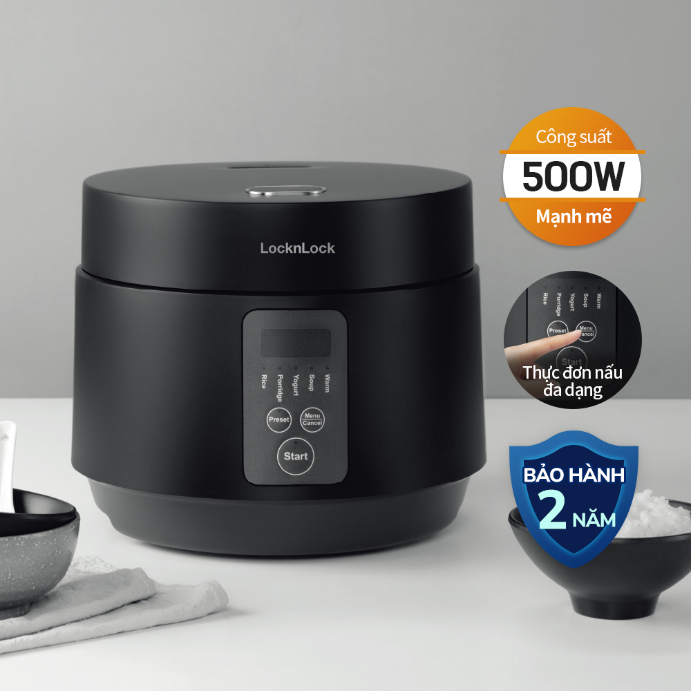Nồi cơm điện Lock&Lock Compact Rice Cooker 1.2L EJR346BLK - Hàng chính hãng có 5 chế độ nấu, dây điện tháo rời - JoyMall
