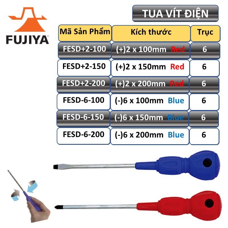 Tuốc nơ vít điện- tua vít điện đầu bake FESD +2 6mmx150mm GENUINE-FUJIYA màu đỏ