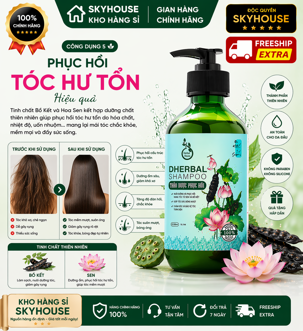 Dầu gội thảo dược thiên nhiên tinh chất sen bồ kết độc quyền DHERBAL chai 300ml dầu gội phục hồi tóc hư tổn chính hãng