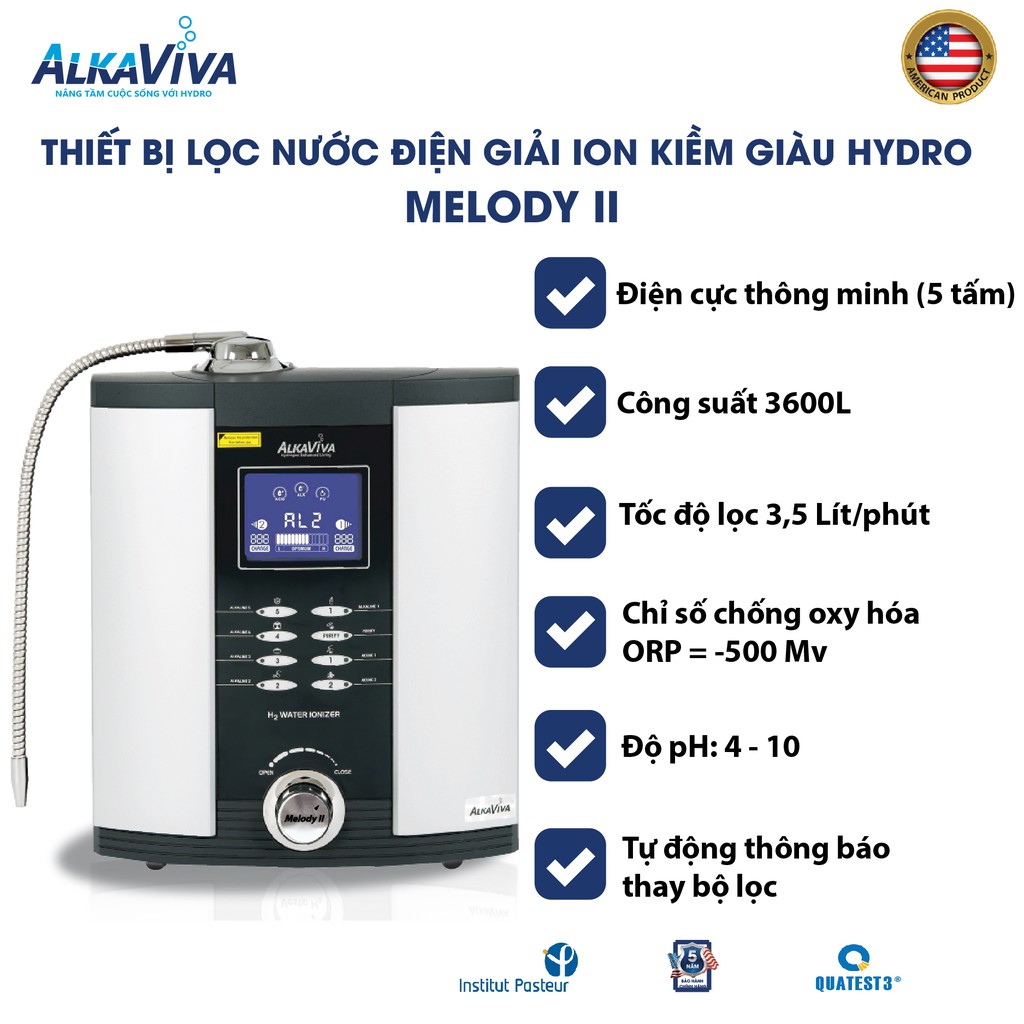 Máy lọc nước điện giải ion kiềm giàu Hydro Alkaviva Melody II - Thương Hiệu Mỹ - Hàng Chính Hãng