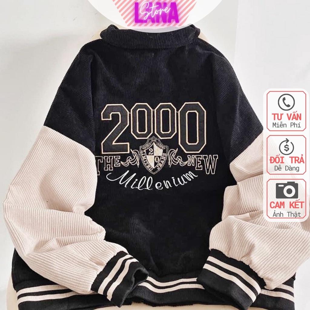 Áo Khoác Bomber Nhung Gân logo thêu 2000 unisex form rộng uzzlang