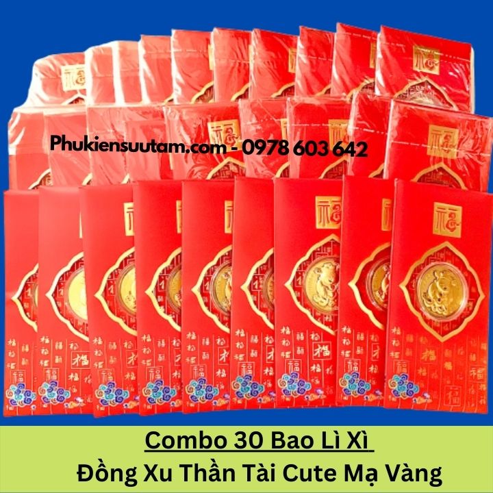 Combo 30 Bao Lì Xì Đồng Xu Thần Tài Cute Mạ Vàng, kích thước: 17cmx9cm, màu đỏ - SP005985