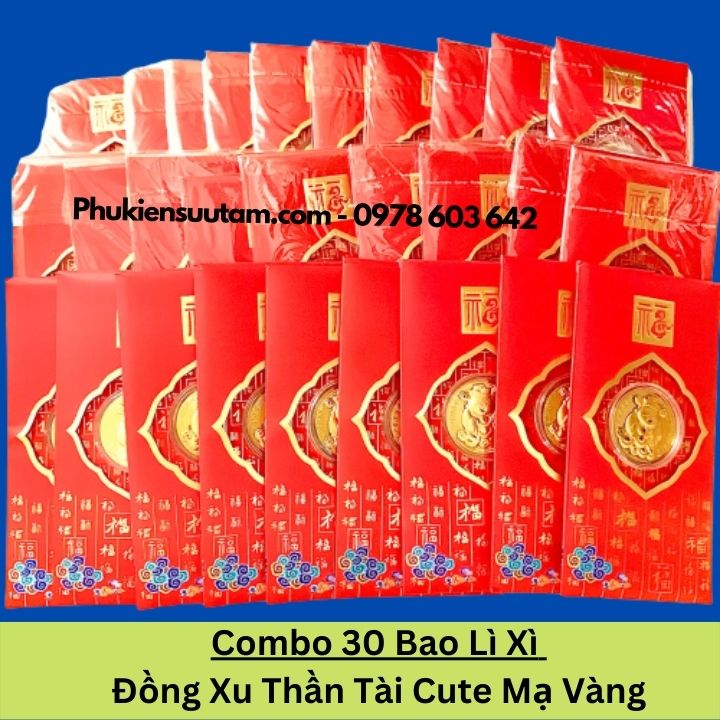 Combo 20 Bao Lì Xì Đồng Xu Thần Tài Cute Mạ Vàng, kích thước: 17cmx9cm, màu đỏ - SP005984