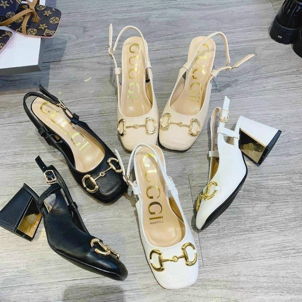 Sandal 7cm gót bọc khoá DD vàng- giày cao gót nữ bít mũi gót vuông