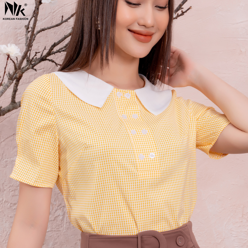 Áo Sơ Mi Nữ Cổ Sen Tay Ngắn NK FASHION Hoạ Tiết Kẻ Caro, Phong Cách Công Sở Mã NKSM2112024