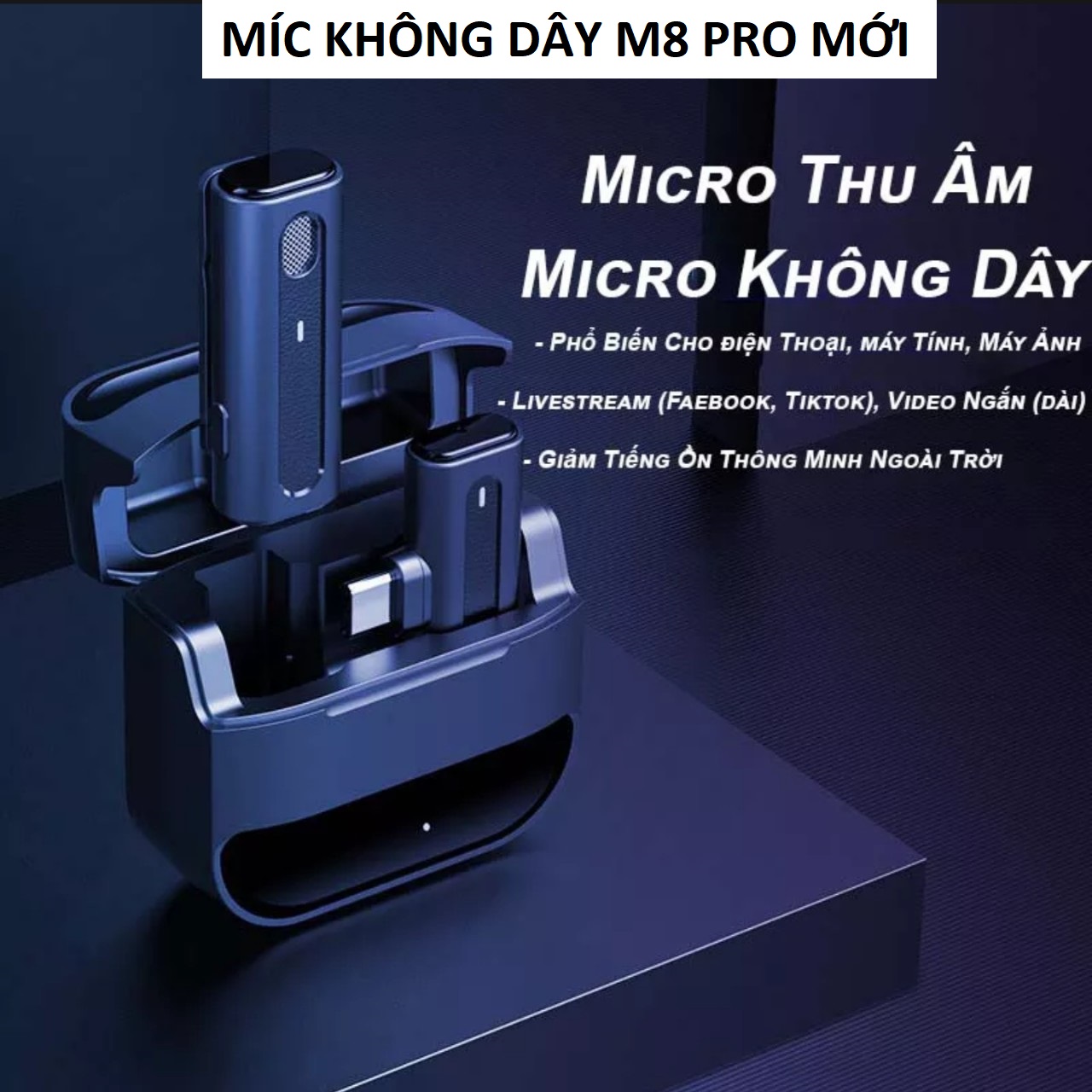 Micro không dây cài áo kèm hộp sạc pin M8 Pro lọc tạp âm khử tiếng ồn thông minh nhờ chip giảm tiếng ồn chuyên nghiệp