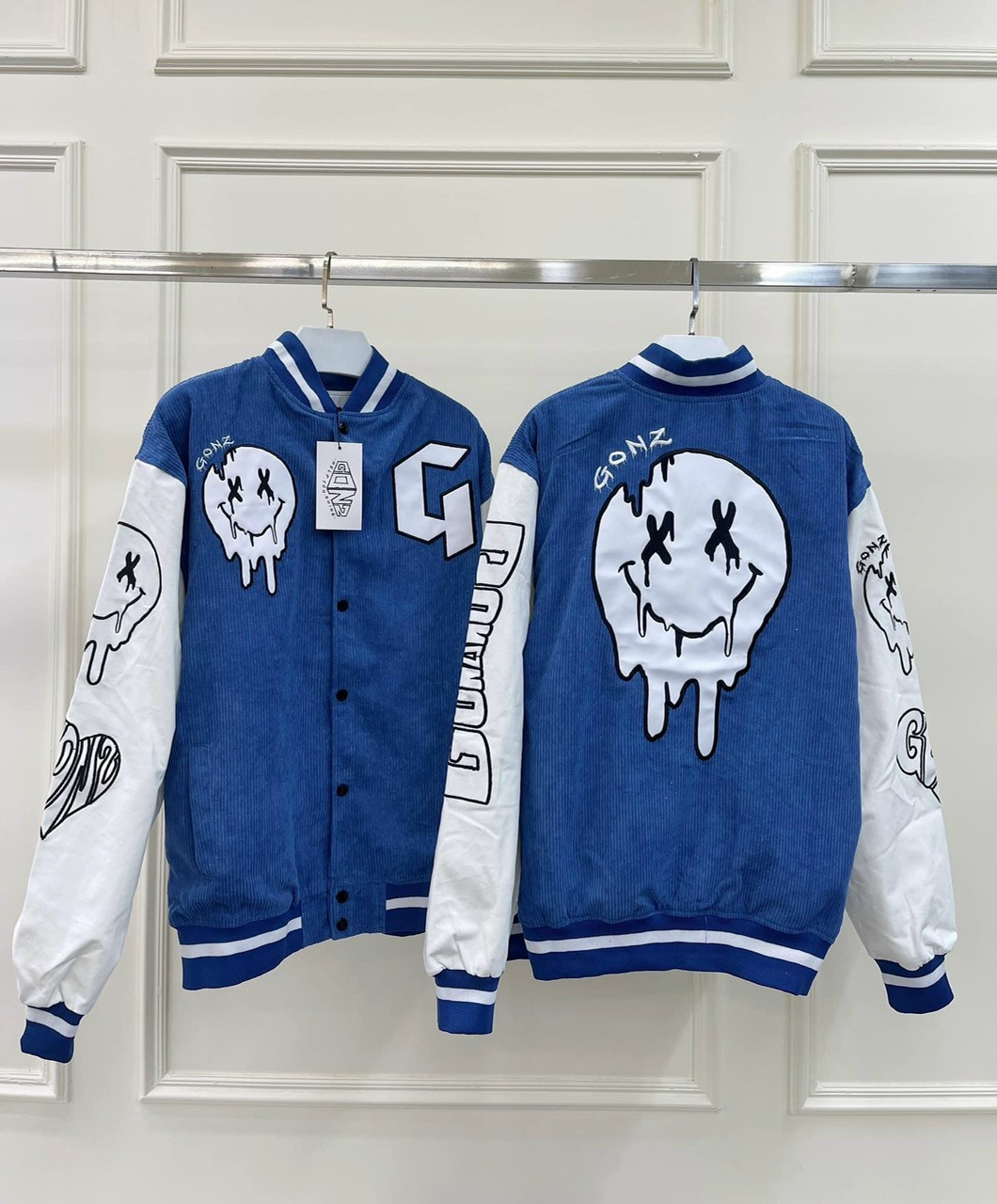 Áo Khoác Bomber Nhung Gân Unisex Mặt Cười Chữ G Nam nữ Thu Đông- Nhung 2000 Kiểu Rộng Ulzzang Couple Jackets Rẻ Đẹp
