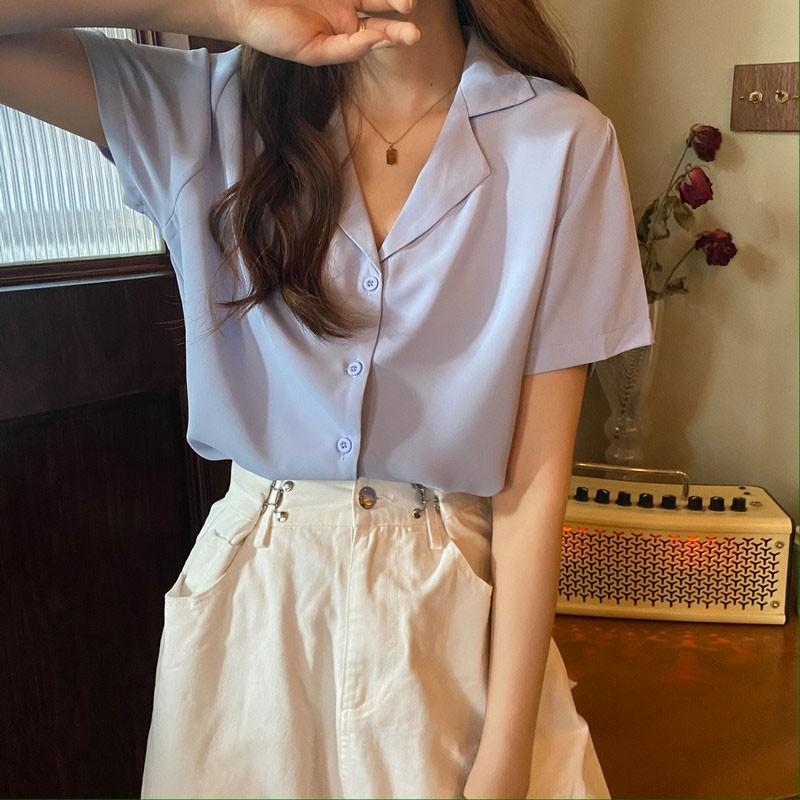 Áo sơ mi kiểu công sở tay ngắn cổ vest nữ form rộng đẹp 6 màu vintage Hàn Quốc