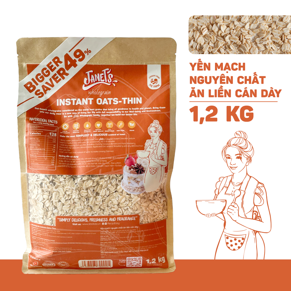 Yến mạch nguyên chất ăn liền cán dày Janet's 1.2kg