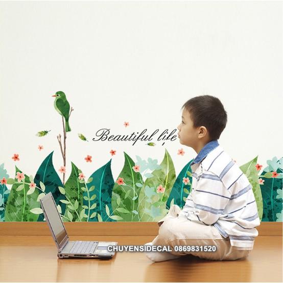 Decal trang trí tường - Chân tường cỏ lá hoa xanh tươi