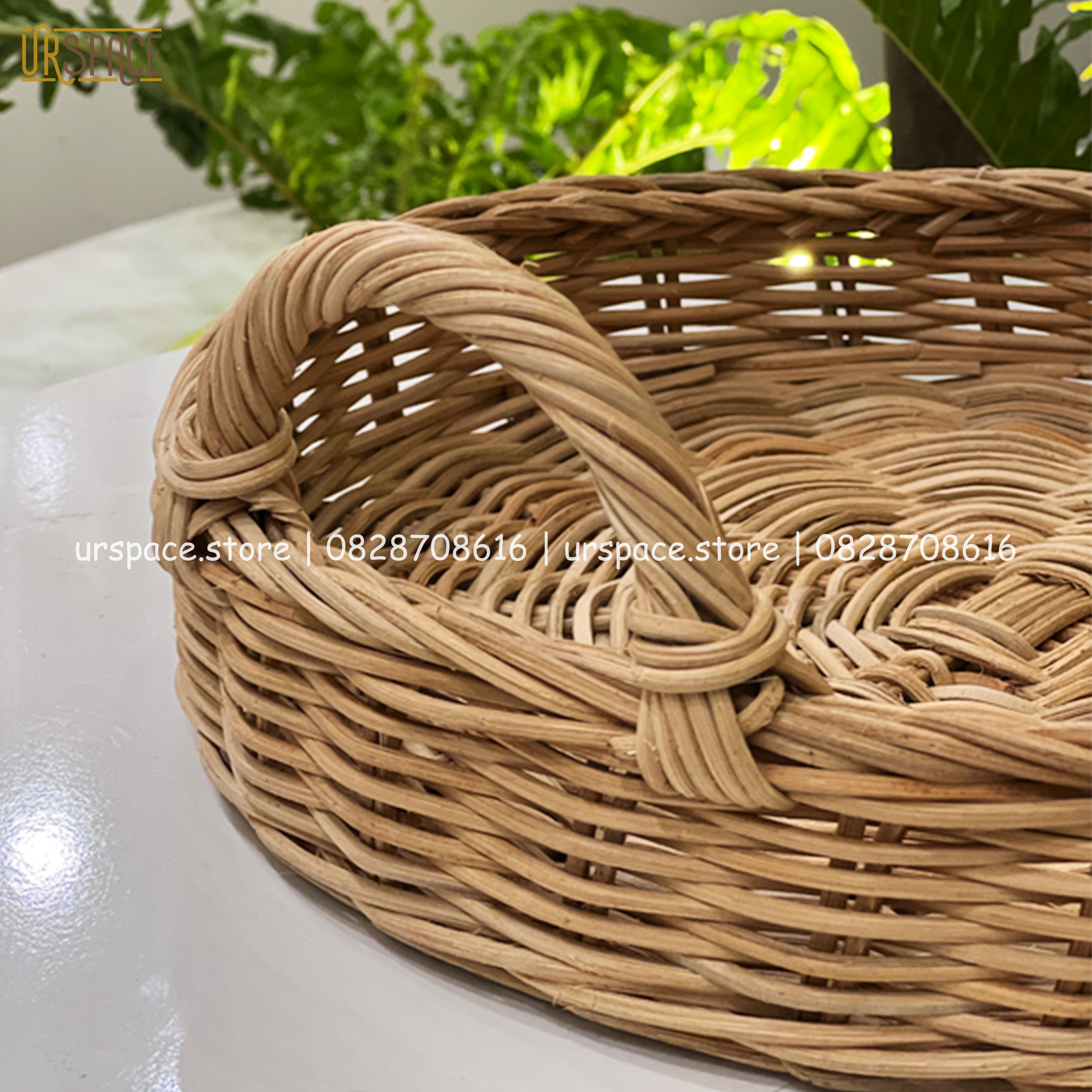 Khay mây đựng trái cây, khay mây tròn đựng bánh kẹo/ Hand-woven round rattan tray with handles