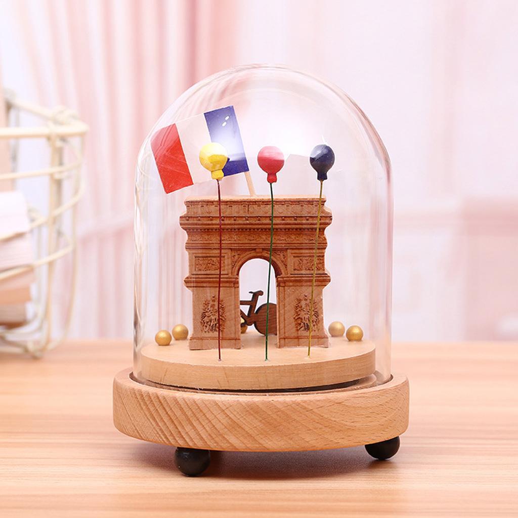 Wooden Luminous Rotating Music Box w/ Glass Dome Home Decor Ornament Gift - Triumphal Arch