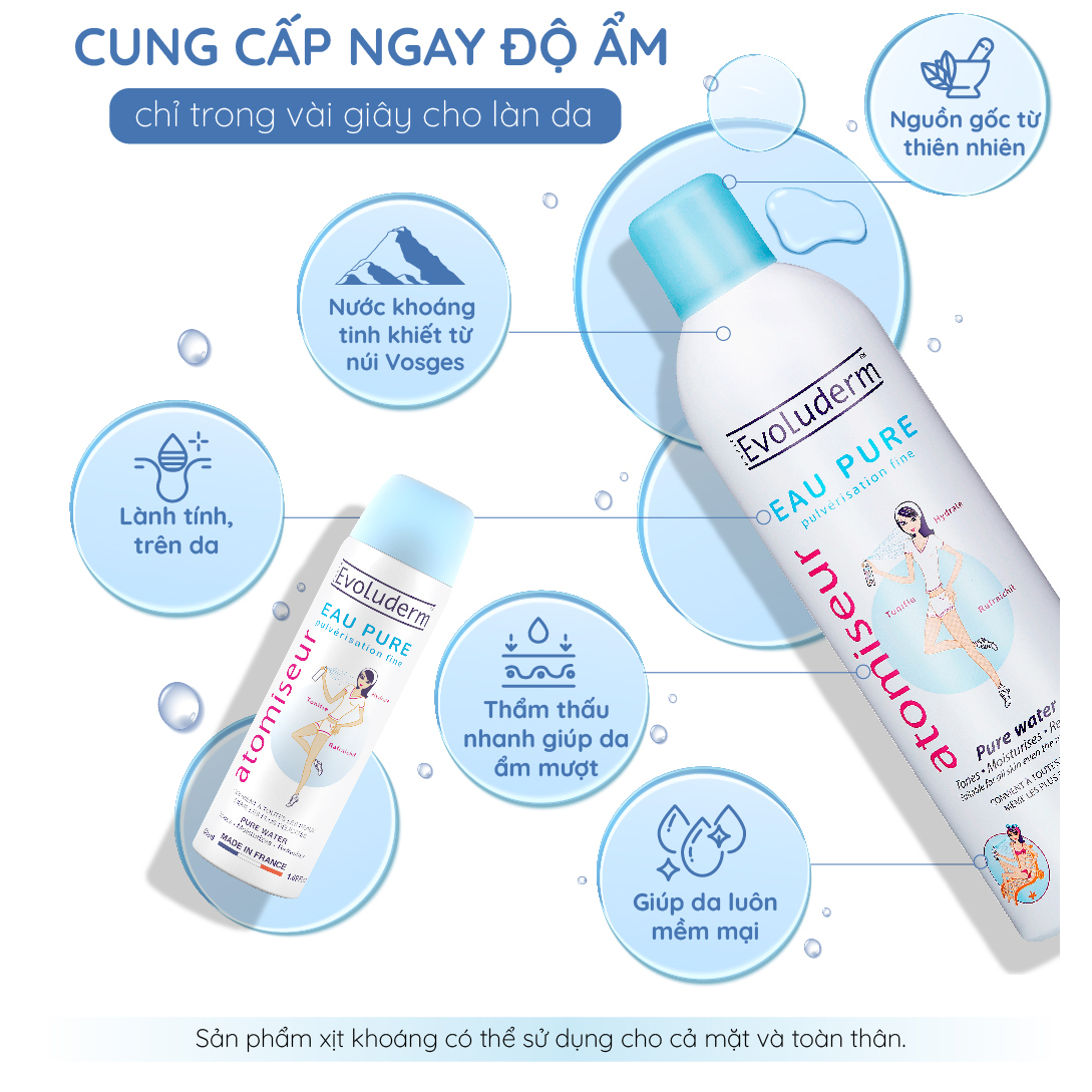 Xịt khoáng dưỡng ẩm, làm dịu và bảo vệ da Evoluderm Atomiseur Eau Pure