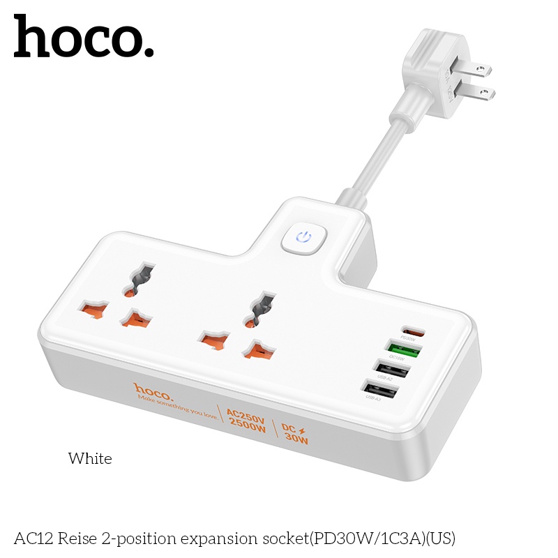 Ổ cắm điện đa năng sạc nhanh PD 30W có 1 cổng typeC + 3 cổng USB và có 2 lỗ cắm tải 2500W - Chính hãng