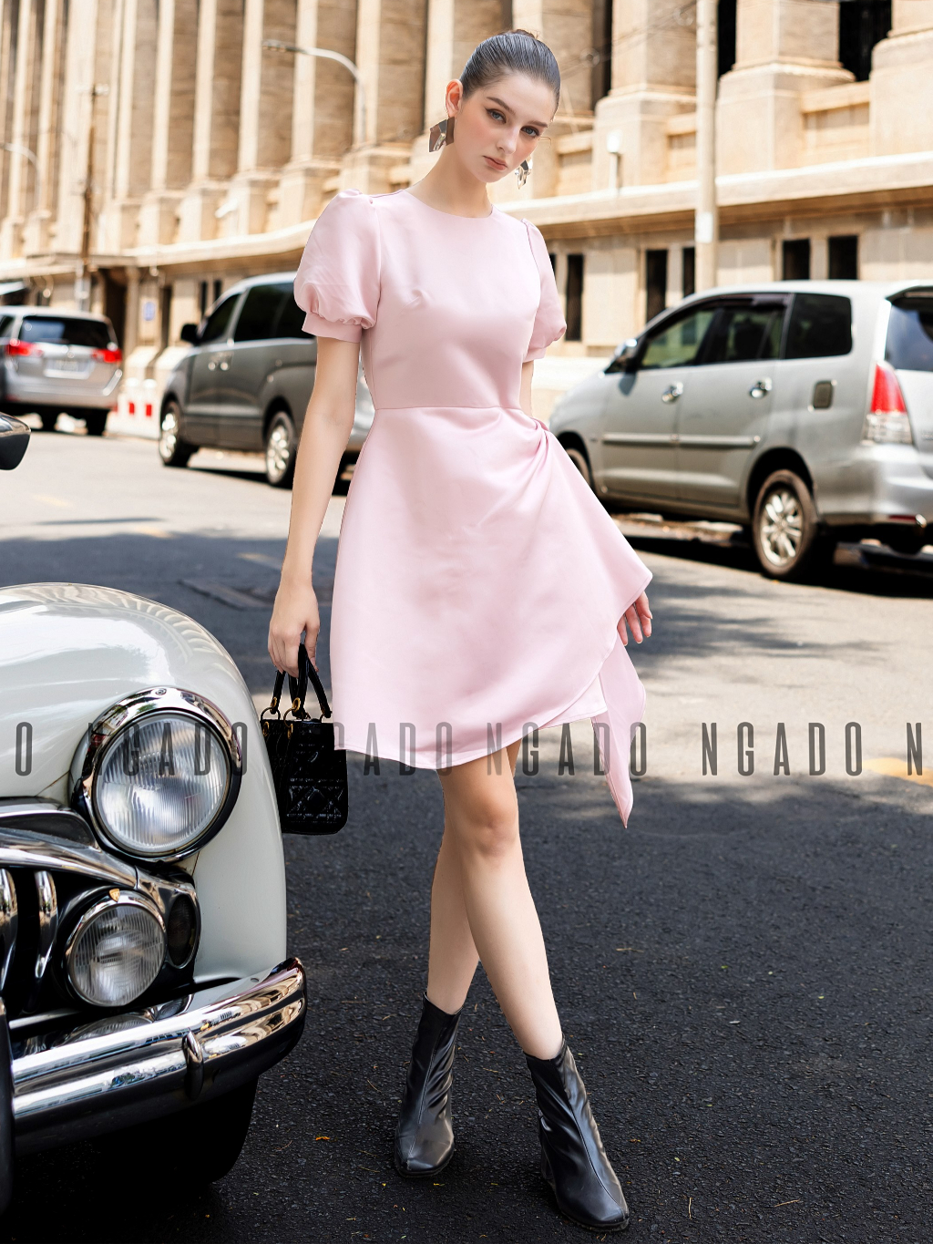 Đầm hồng cổ tròn NGADO , đầm nữ , Đầm tay phồng , Đầm dự tiệc sang chảnh